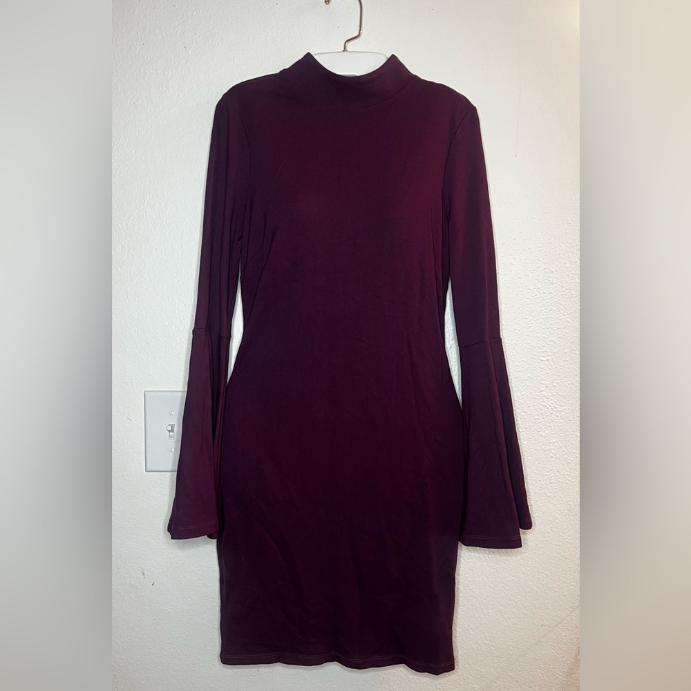 Venus Bell Sleeve Mock Neck Bodycon Dress – Plum Purple – Size M